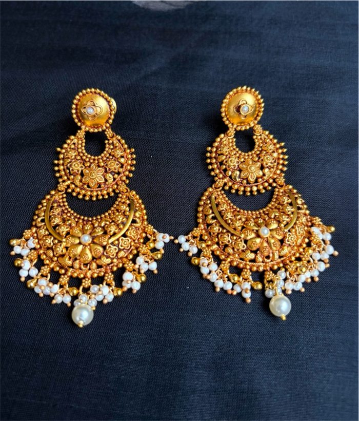 The Prisha Silver Pearl Floral Chandbali Earrings