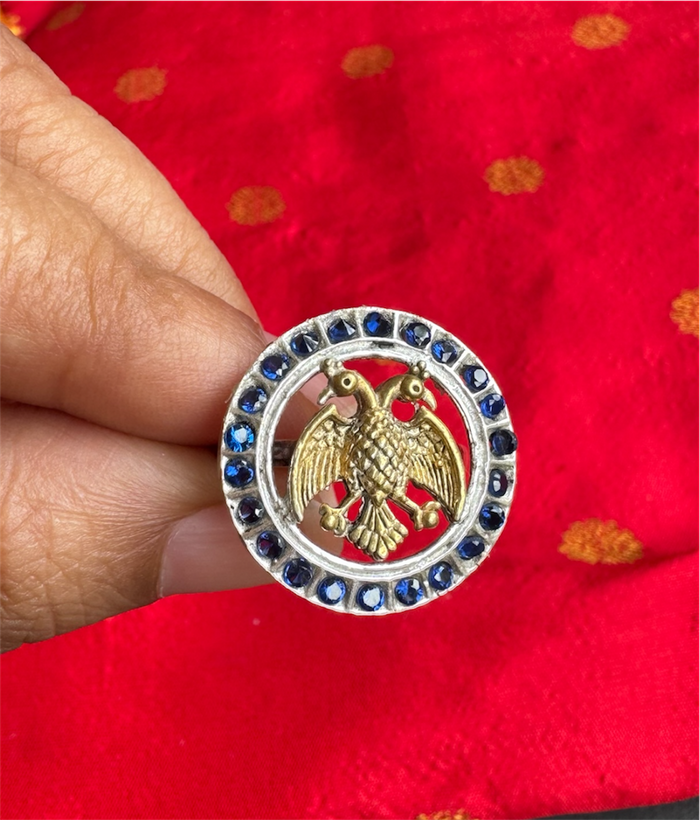 The Rujuta Silver Gandaberunda Adjustable Finger Ring (Blue- 2 Tone)