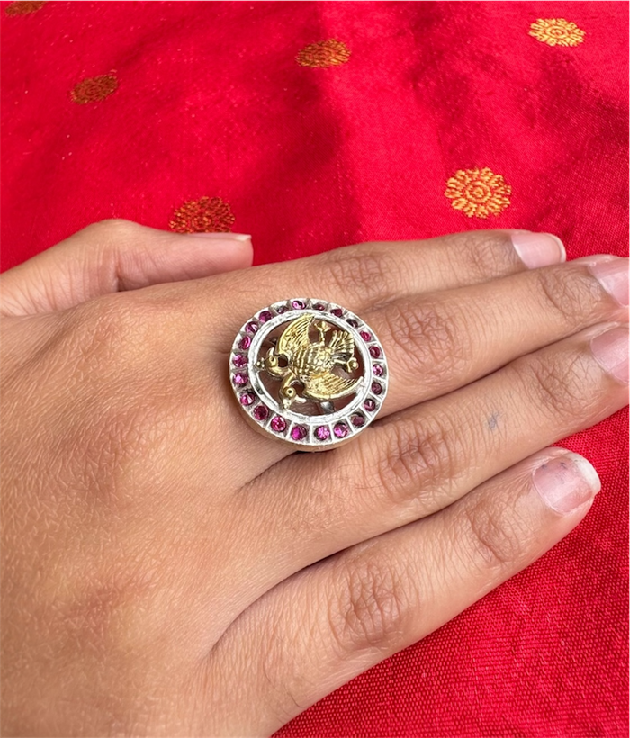 The Rujuta Silver Gandaberunda Adjustable Finger Ring (Red - 2 Tone)