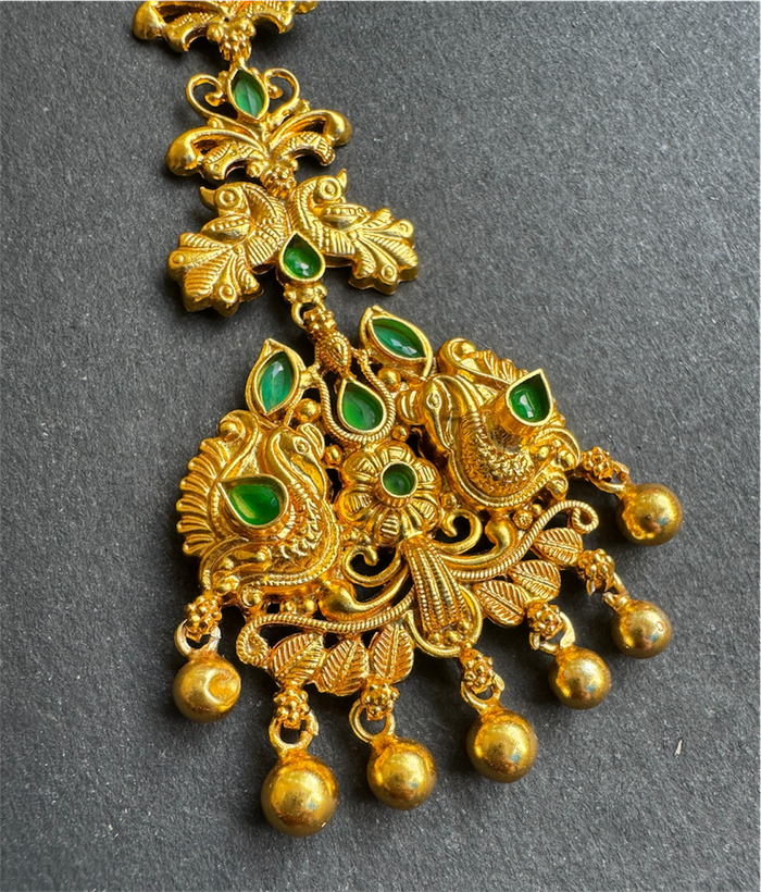 The Svarnika Silver Peacock Bridal Maang Tikka (Green)