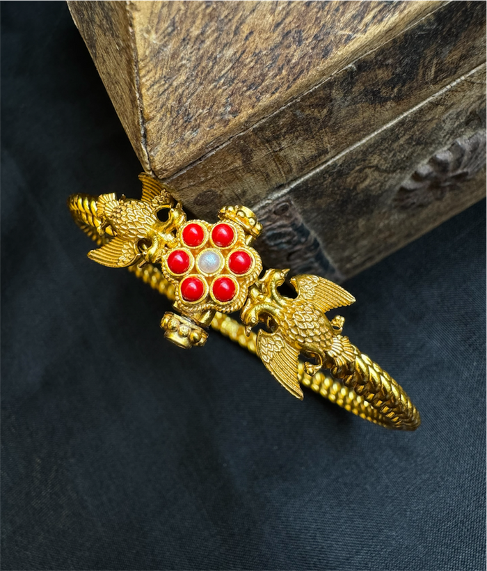The Virat Silver Gandaberunda Golusu Bangle-Single (Size /2.2/2.4/2.6/2.8) (Coral)