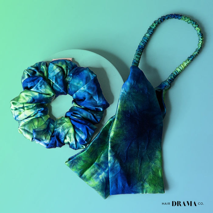Tie-Dye Cross-Knot Stretch Headband & Scrunchie Set - Green & Blue