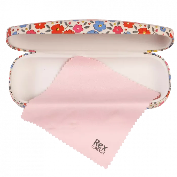 Floral-patterned case with a pink cloth inside, featuring the Rex London brand.