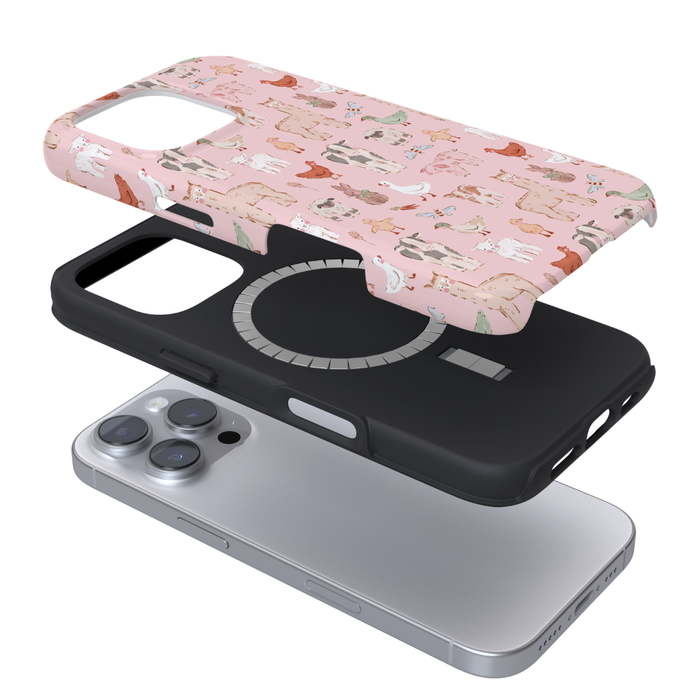 Phone case with pink animal pattern showing how the Phone Case is made.
