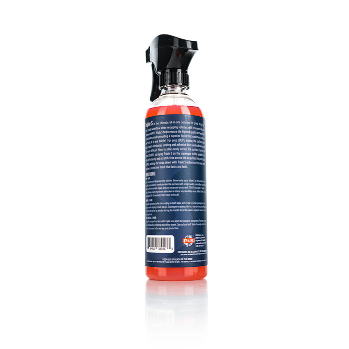 The back of a spray bottle of P and S Triple S Wrap Instillation Solution on a white background.
