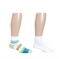 Quarter compression socks featuring varied stripes in blue, green, orange, and white.
