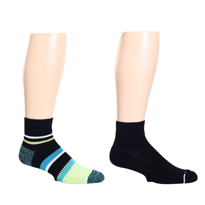 Quarter compression socks featuring varied stripes in green, blue, and black, displayed on mannequin legs.