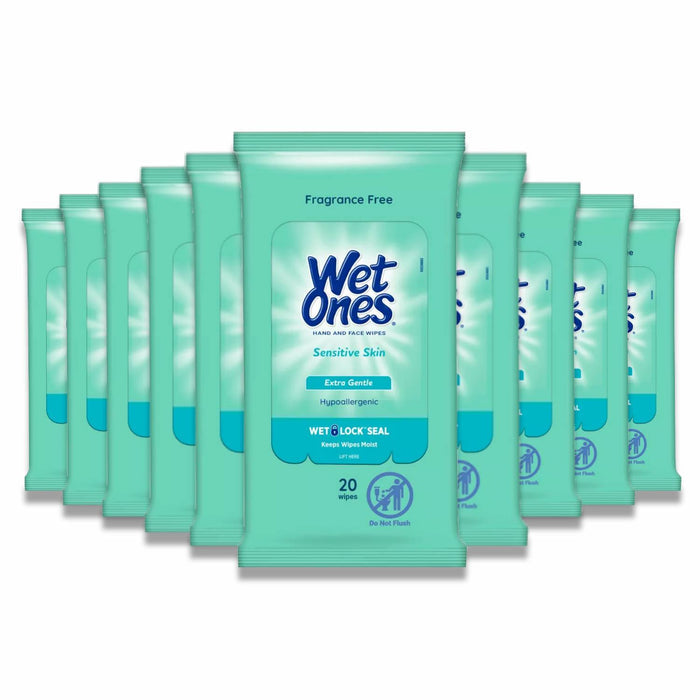 Wet Ones - Sensitive Skin Hand Wipes Travel Pack, Fragrance Free - 20 Ct - 10 Pack